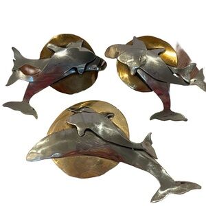 Vintage 80s Silver and Copper Whale & Calf Matching Brooch and Clip On Earrings